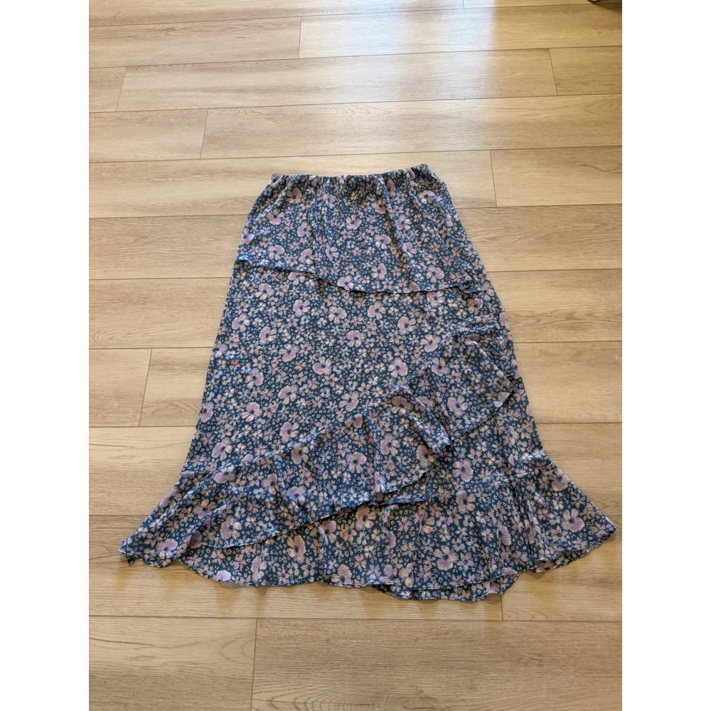 Intimately Free People Floral Ruffle Maxi Skirt Blue Lavender Tiered Fairy Large